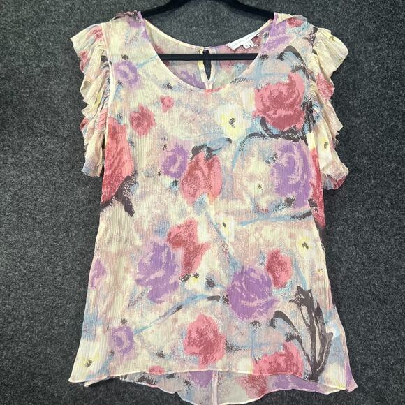 Silk Flutter Sleeve Blouse Watercolor Print Floral Size 10 Charlotte Ronson - Picture 1 of 5